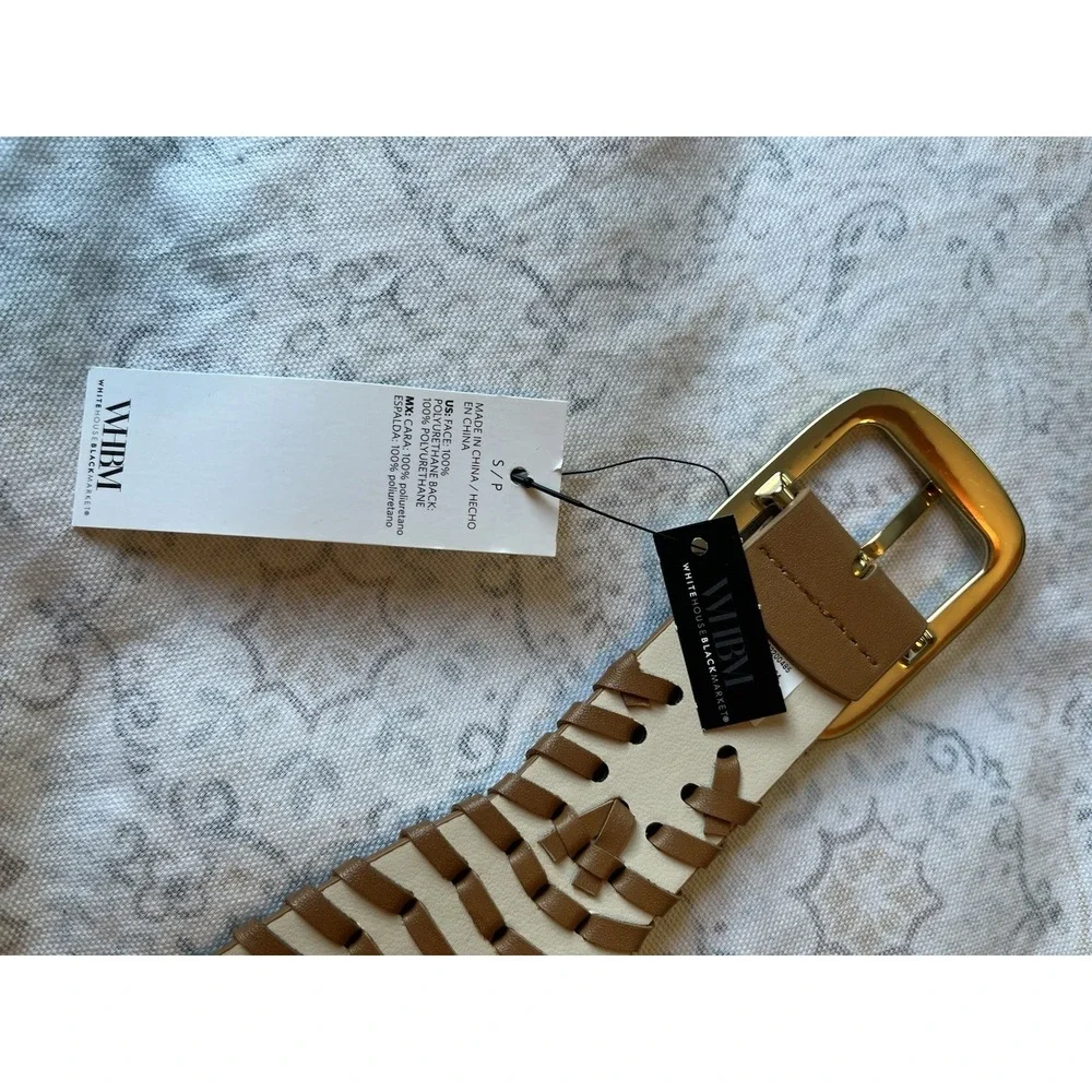 White House Black‎ Market Faux Leather Woven Belt S/P Gold Tone Buckle Vachetta